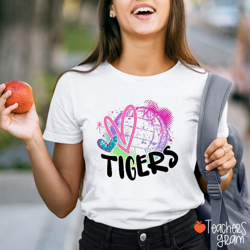 Personalized Mascot And Sport Rainbow With Pink Heart Teacher T-Shirt