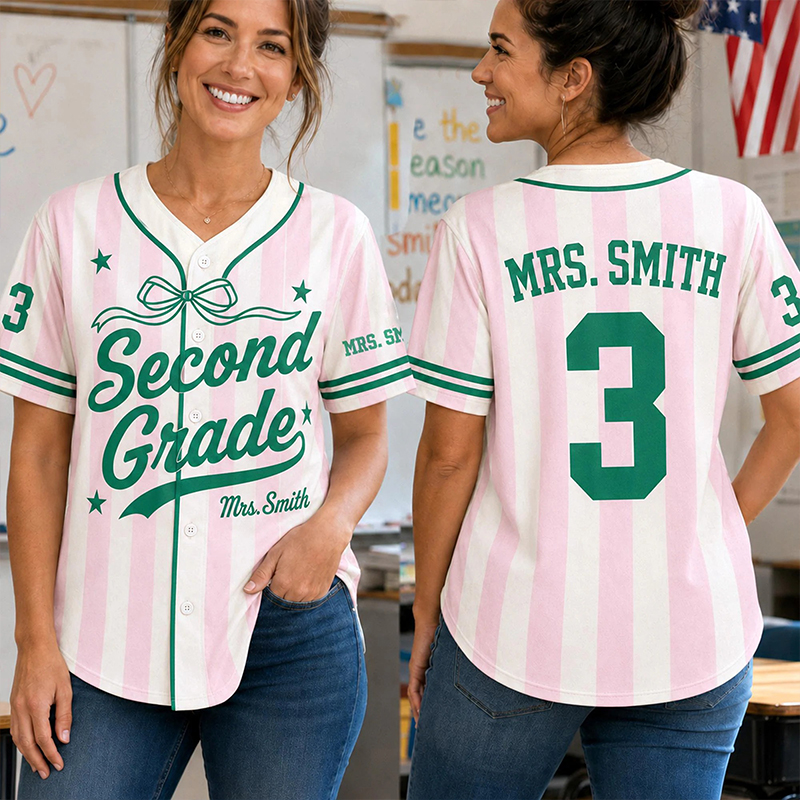 Personalized Grade And Name Stripe Bow Teacher Baseball Jersey