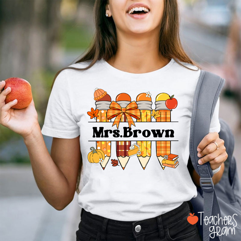 Personalized Name Pumpkin Pencil Teacher T-Shirt