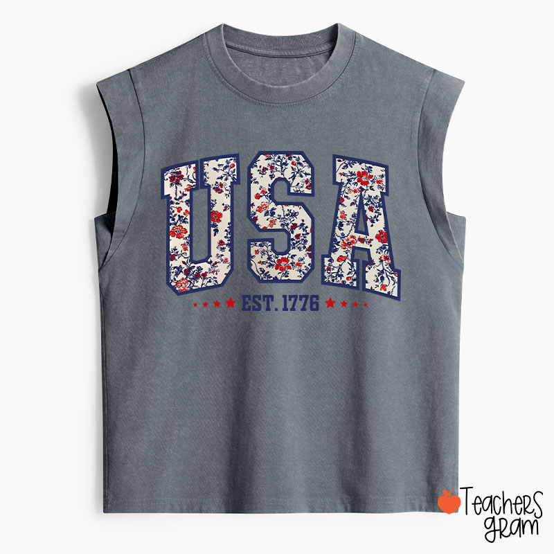 Retro Floral USA Teacher Washed Tank Top