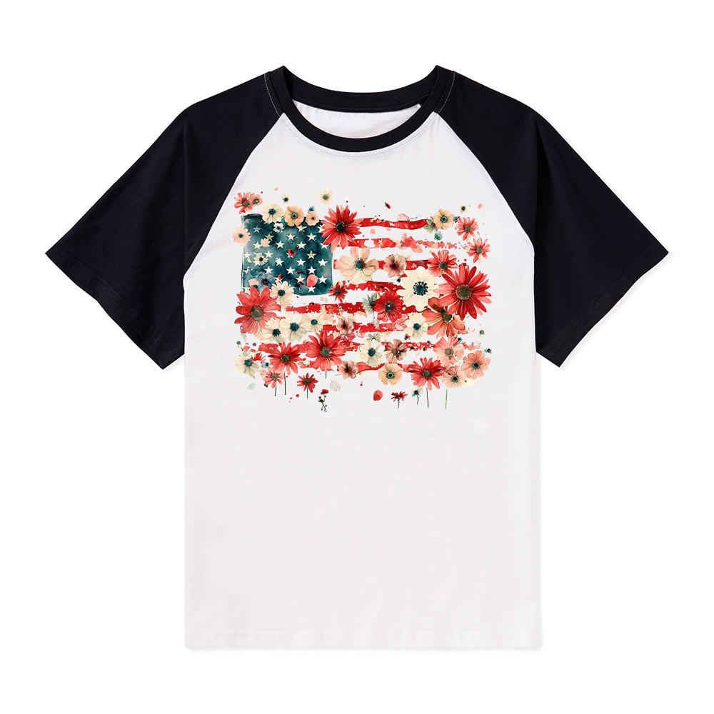 American Flag Floral Teacher Raglan T-Shirt