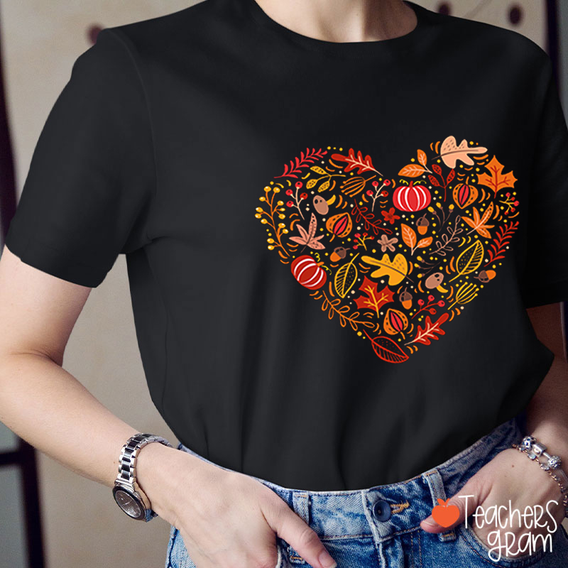 Fall Heart Pumpkin Leaves Teacher T-Shirt