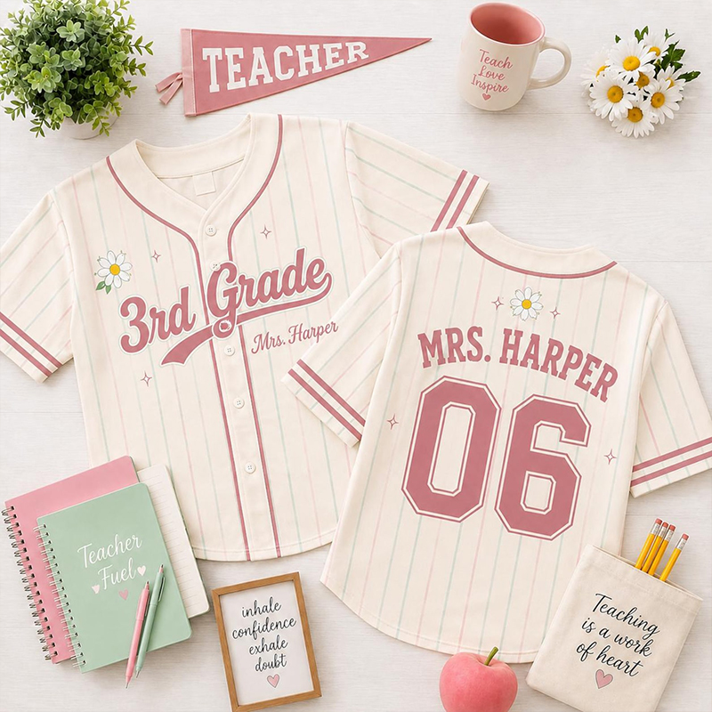Personalized Grade And Name Preppy Pinstripe Daisy First Day Teacher Baseball Jersey