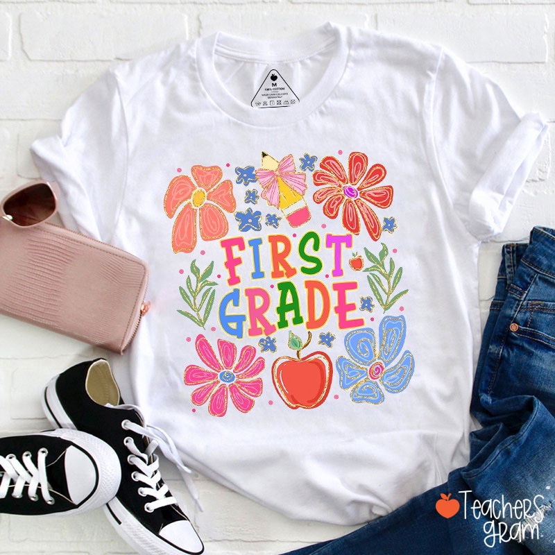 Personalized Grade Flowers Teacher T-Shirt