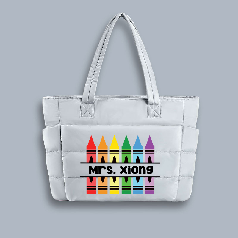 Personalized Pencil Crayon Teacher Puffy Tote Bag