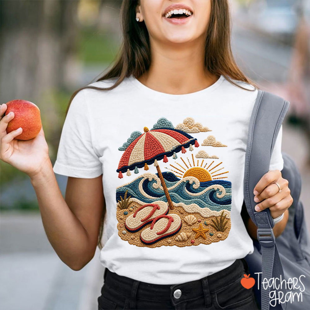 Faux Embroidery Beach Sunset Teacher T-Shirt