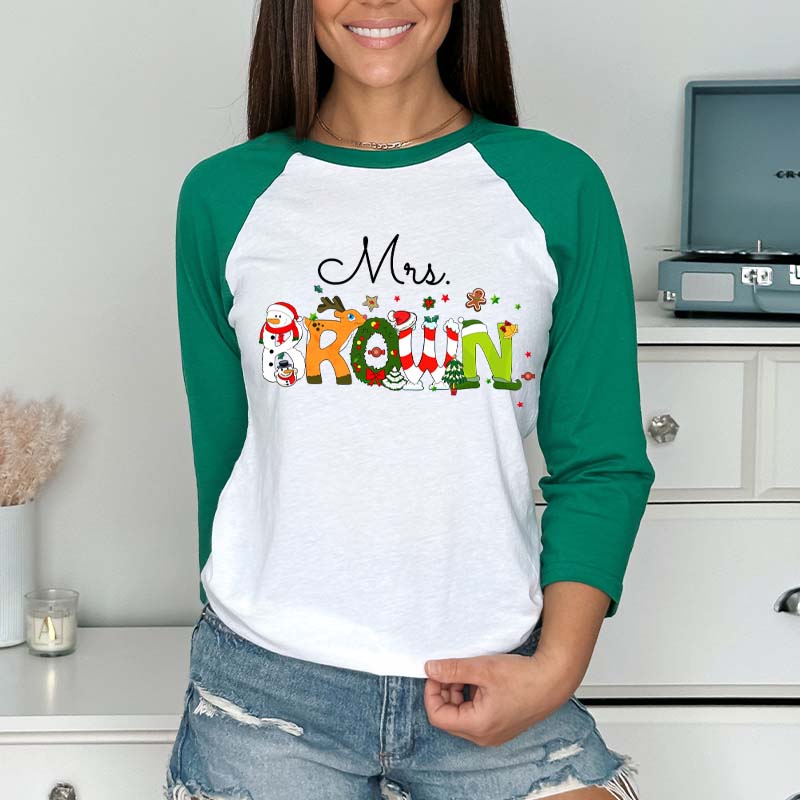 Personalized Christmas Style Teacher Raglan Long Sleeve T-Shirt