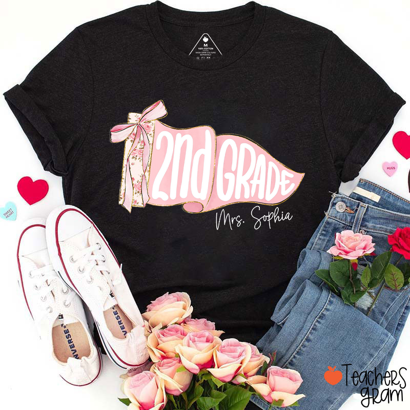Personalized Name And Grade Coquette Bow Pennant Teacher T-Shirt