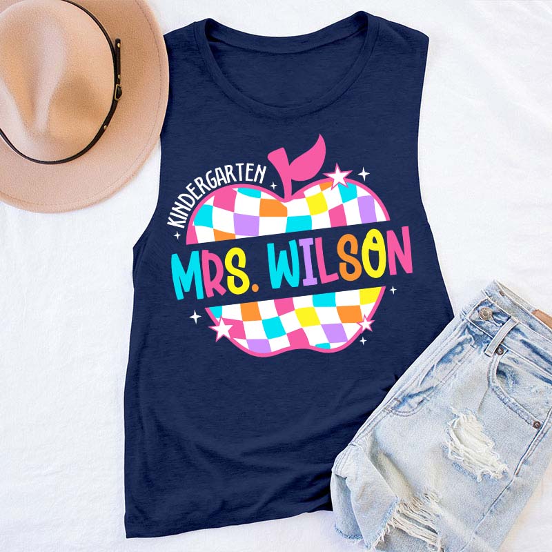 Personalized Colorful Checkerboard Hollow Apple Teacher Tank Top