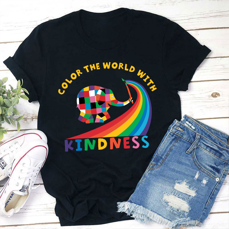 Elephant Elmer Color The World With Kindness Teacher T-Shirt