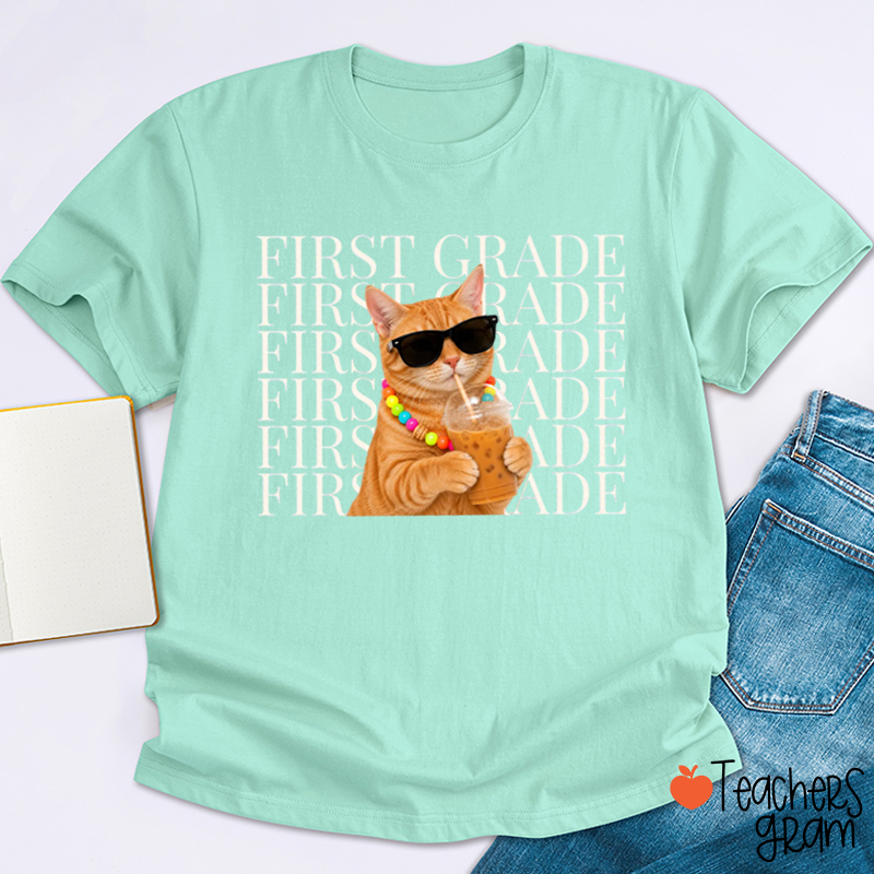 Personalized Grade Cool Cat Bubble Tea Graphic Teacher T‑Shirt