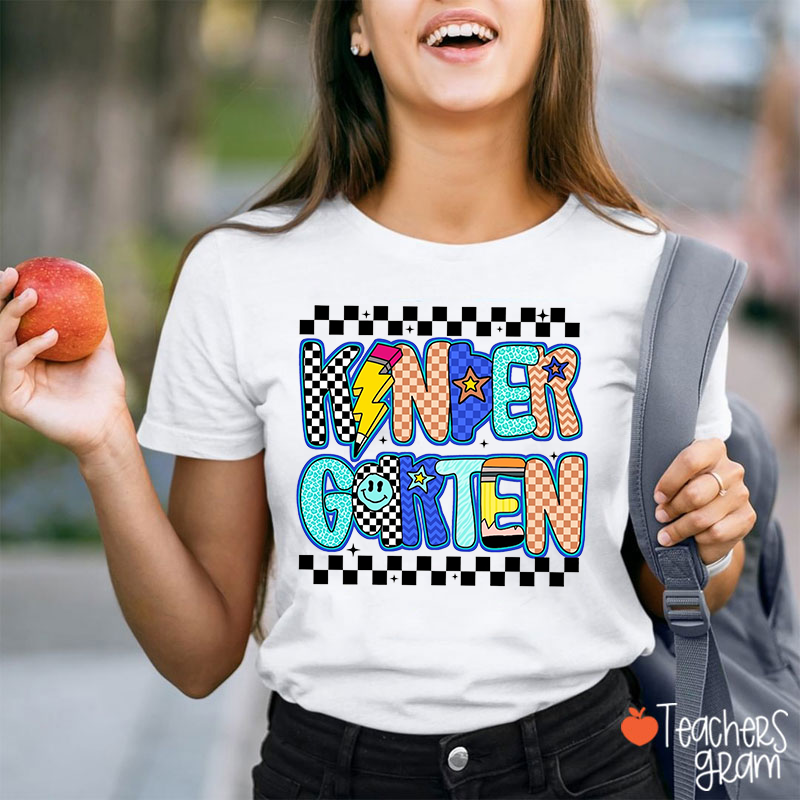 Personalized Grade Checkerboard Pencil Smiley Face Teacher T-Shirt