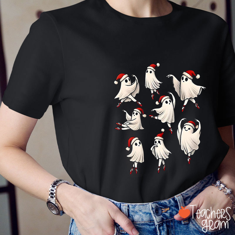 Dancing Ghost With Santa Hat Teacher T-Shirt