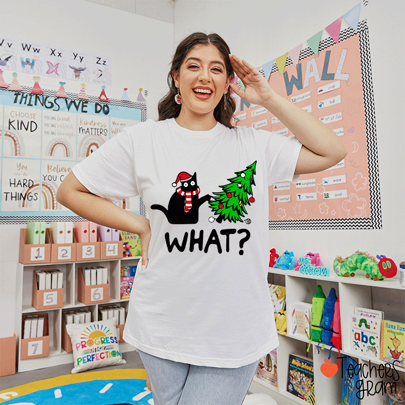 Cat Pushes Christmas Tree Teacher T-Shirt
