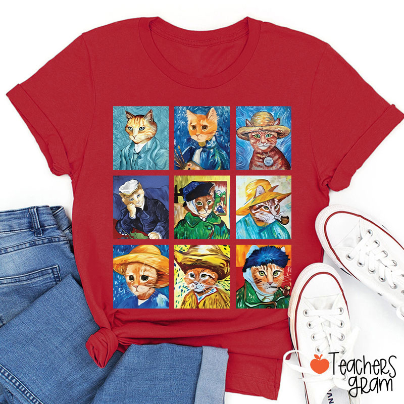 Funny Cats Painting Van Gogh Art Lover Teacher T-Shirt