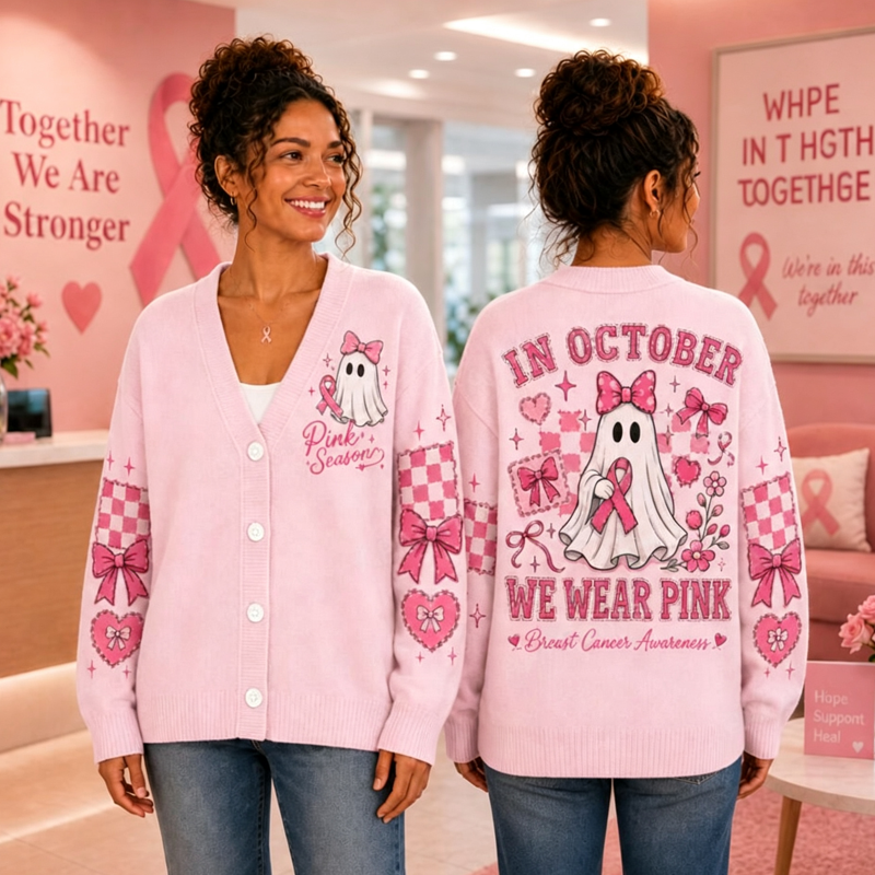 In October We Wear Pink Ghost Pink Breast Cancer Teacher Ugly Cardigan Sweater