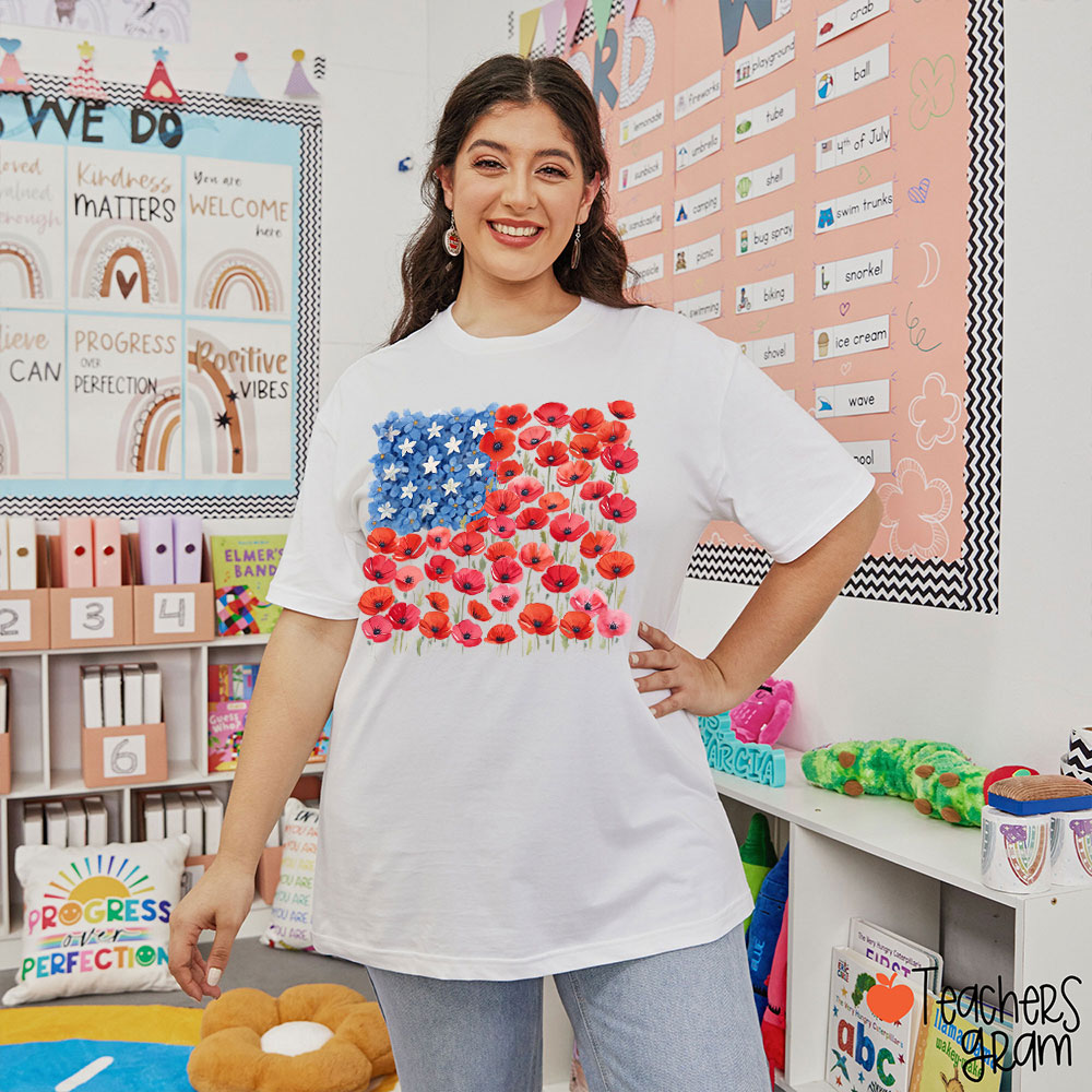 Floral USA Flag 250th Anniversary Teacher T-Shirt