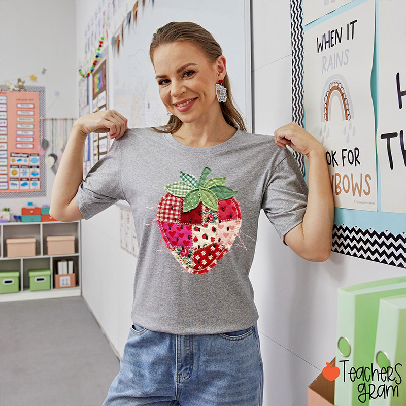 Faux Patchwork Strawberry Teacher T-Shirt