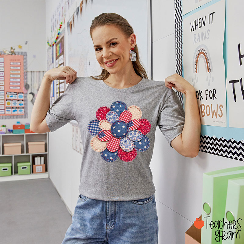 Faux Patchwork American Flag Flower Teacher T-Shirt
