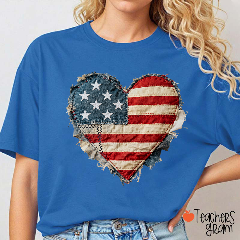 Faux Patchwork American Flag Heart Teacher T-Shirt