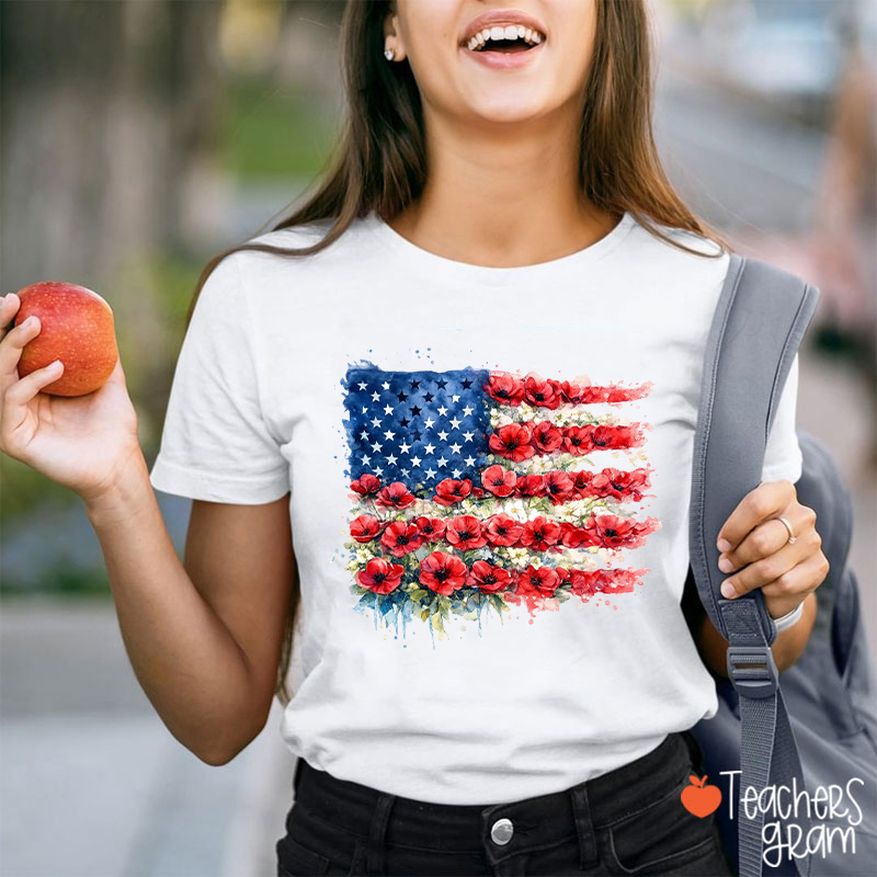 4th Of July Floral American Flag Teacher T-Shirt