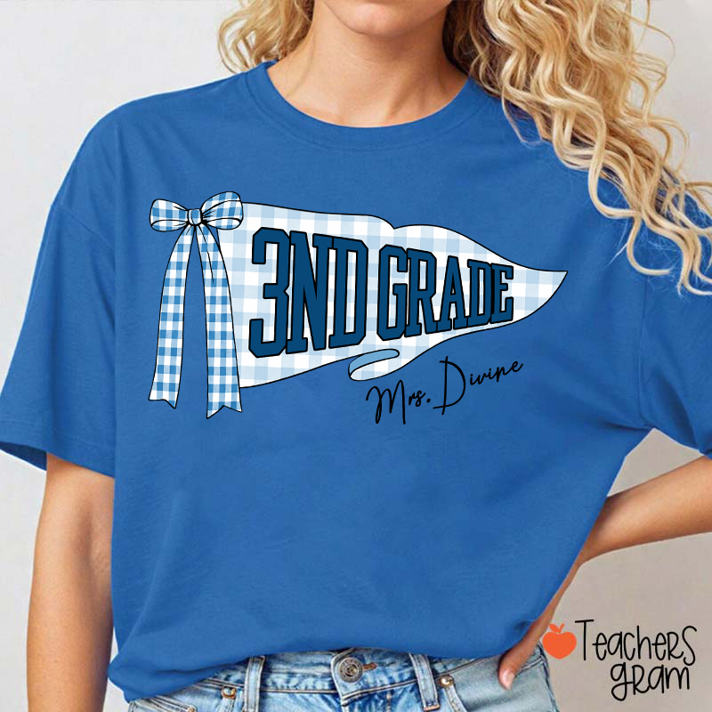 Personalized Grade And Name Gingham Bow Pennant Teacher T-Shirt