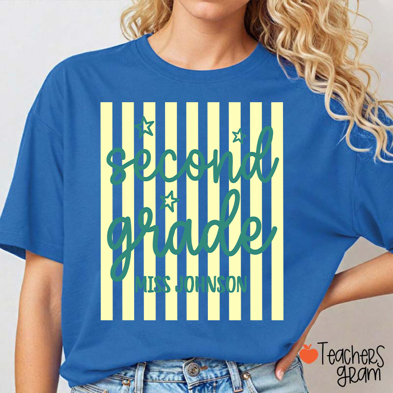 Personalized Grade Blue Gingham Stripes Teacher T-Shirt
