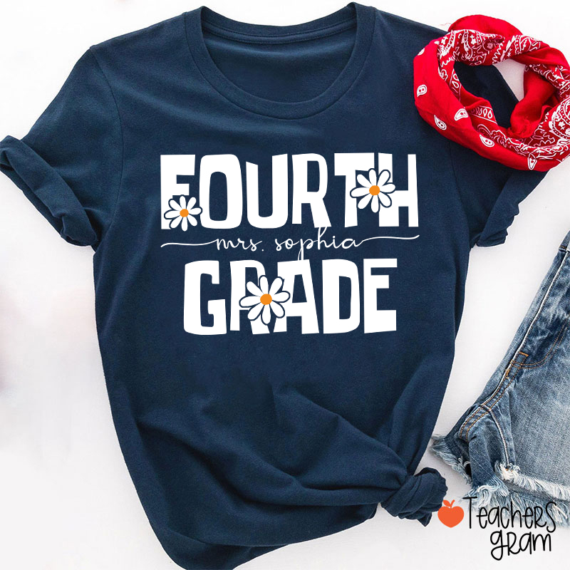Personalized Name And Grade Daisy Floral Teacher T-Shirt