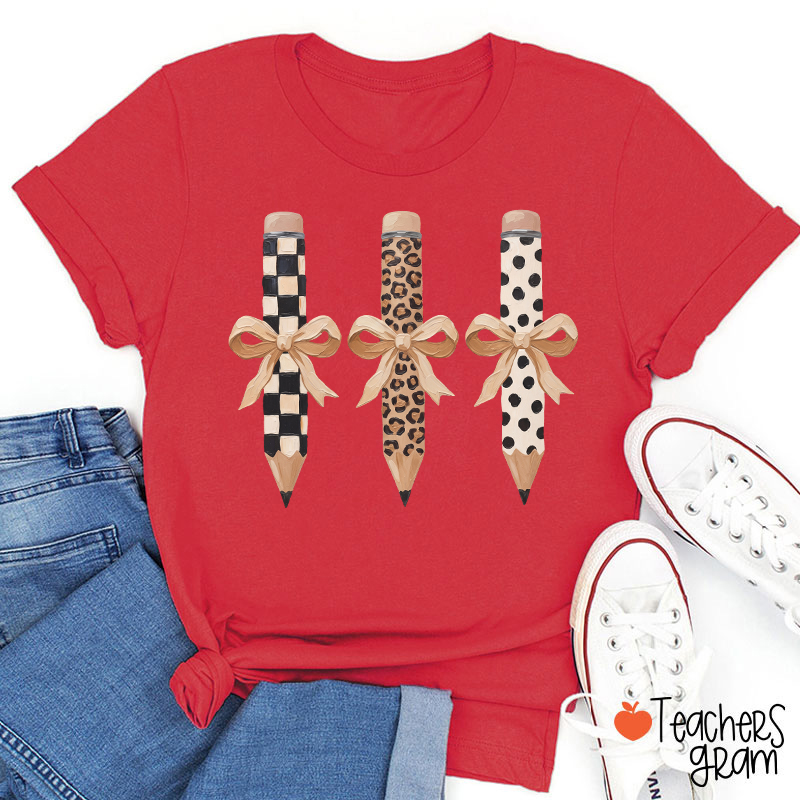 Checkerboard Leopard And Polka Dot Bow Pencil Teacher T-Shirt