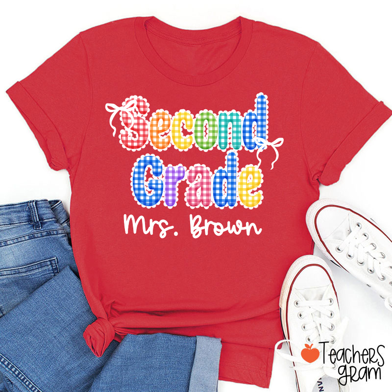 Personalized Grade Name Rainbow Gingham Teacher T-Shirt