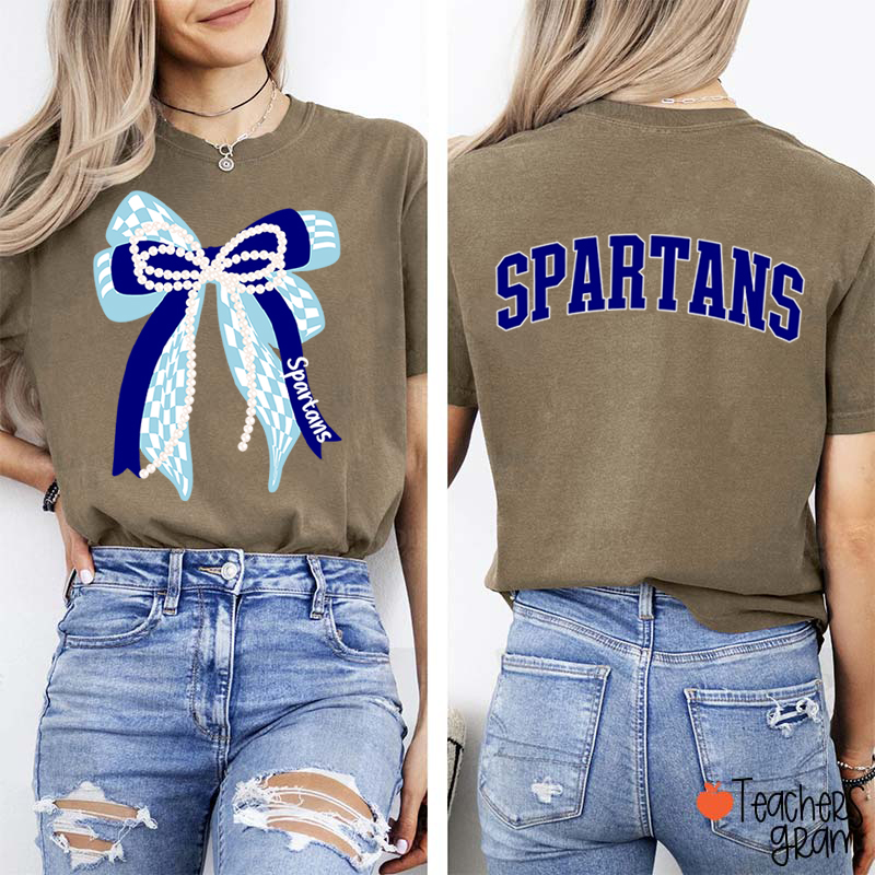 Personalized Mascot Varsity Curved Bow Theme Teacher Two Sided T-Shirt