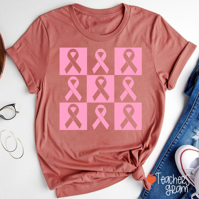 Pink Ribbon Breast Cancer Awareness Teacher T-Shirt
