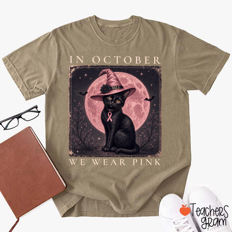 In October We Wear Pink Witch Black Cat Pink Moon Breast Cancer Awareness Teacher T‑Shirt