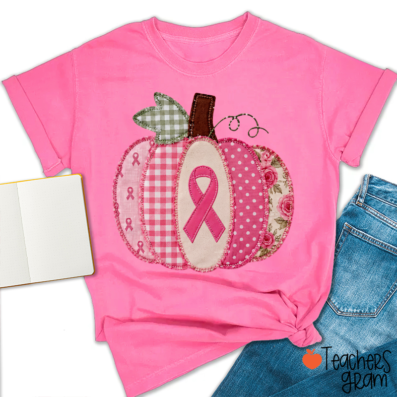 Pink Faux Patchwork Pumpkin Ribbon Teacher T‑Shirt