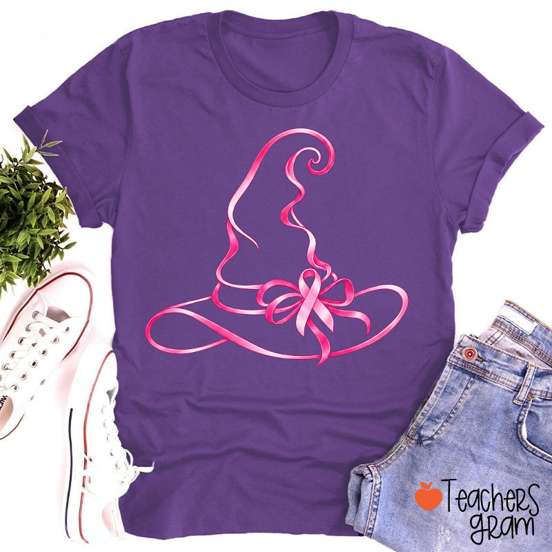 Halloween Witch Hat Pink Ribbon Breast Cancer Support Teacher T‑Shirt