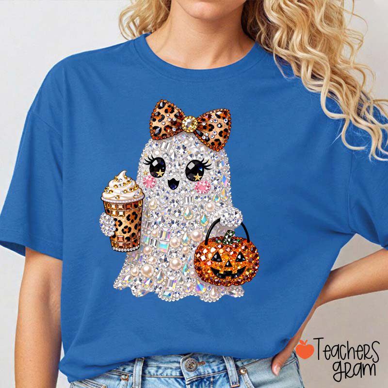 Faux Rhinestone Ghost Leopard Bow Coffee Pumpkin Teacher T-Shirt