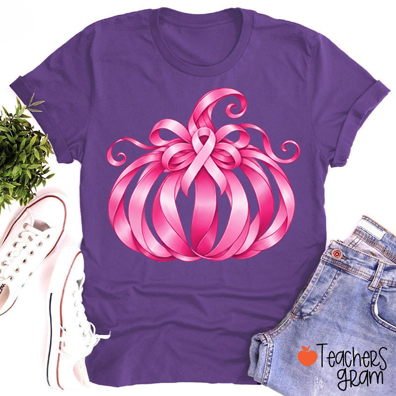 Pink Ribbon Bow Pumpkin Fall Teacher T-Shirt