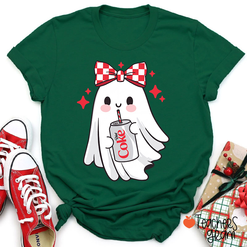 Cute Ghost With Red Checkered Bow Soda Drink Halloween Teacher T-Shirt