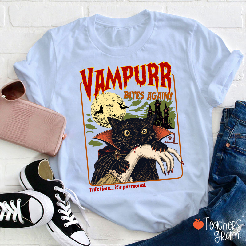 Vampurr Bites Again Vampire Black Cat Halloween Teacher T-Shirt