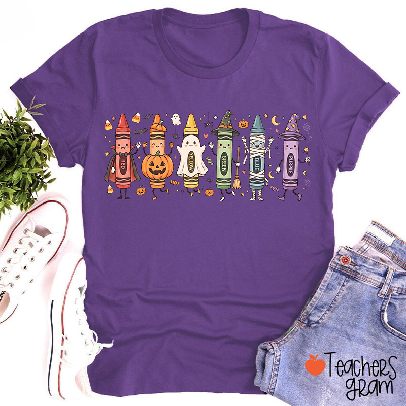Halloween Cartoon Crayons Character Teacher T-Shirt