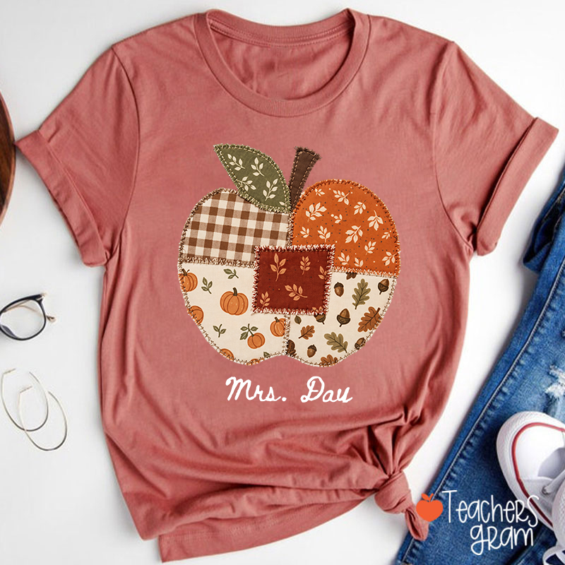 Personalized Name Faux Patchwork Punkpkin Teacher T-Shirt