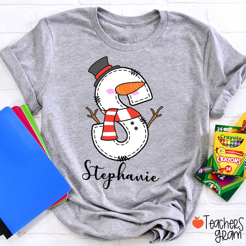 Personalized Name And Initial Christmas Snowman Teacher T-Shirt