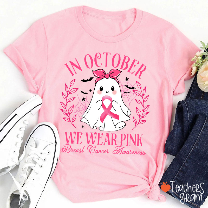 Halloween Ghost Breast Cancer Awareness Teacher T-Shirt