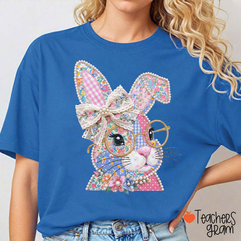 Faux Patchwork Bunny Teacher T-Shirt