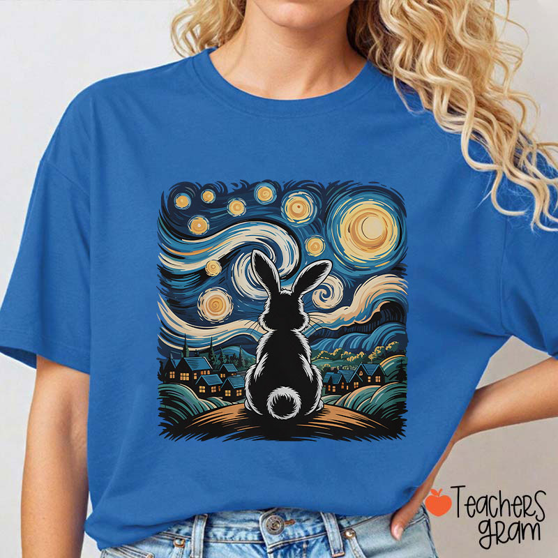 Starry Night Van Gogh Rabbit Teacher T-Shirt