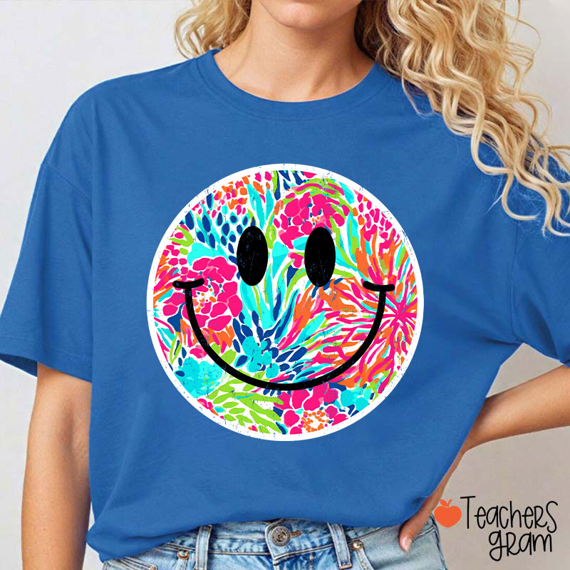 Smile Face Summer Floral Retro Beach Vibes Teacher T-Shirt