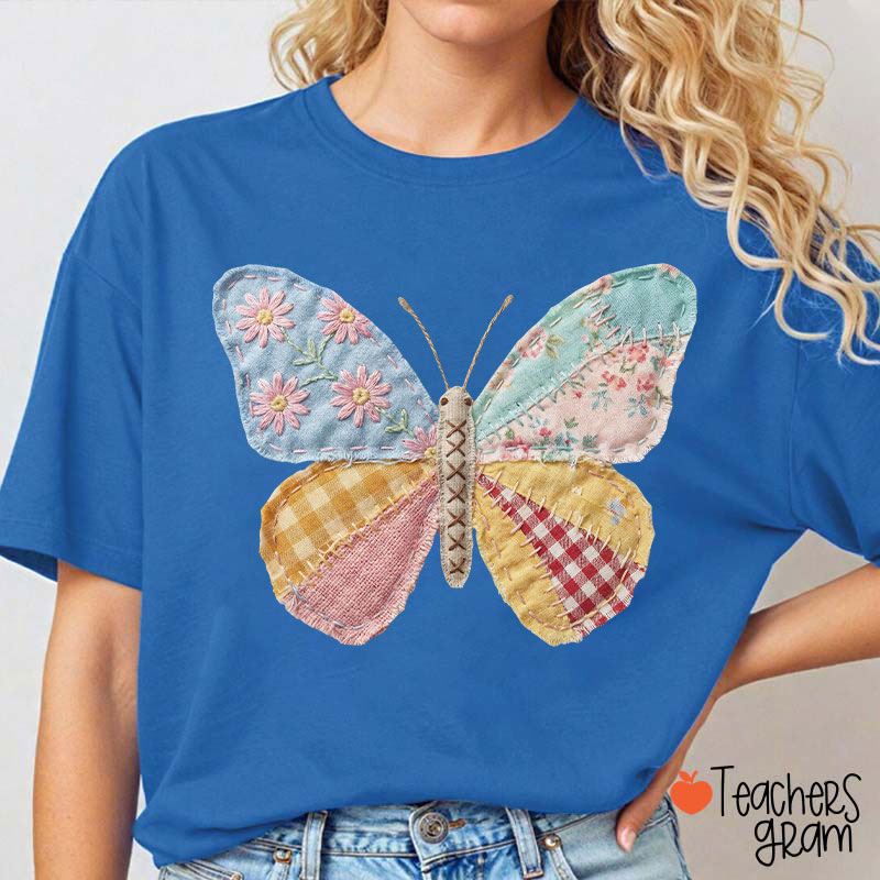 Faux Patchwork Butterfly Teacher T-Shirt