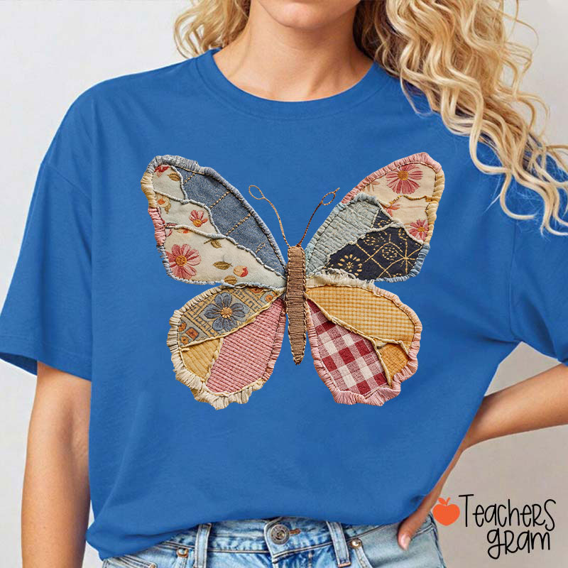  Faux Patchwork Butterfly Teacher T-Shirt