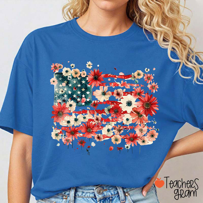 American Flag Floral Teacher T-Shirt