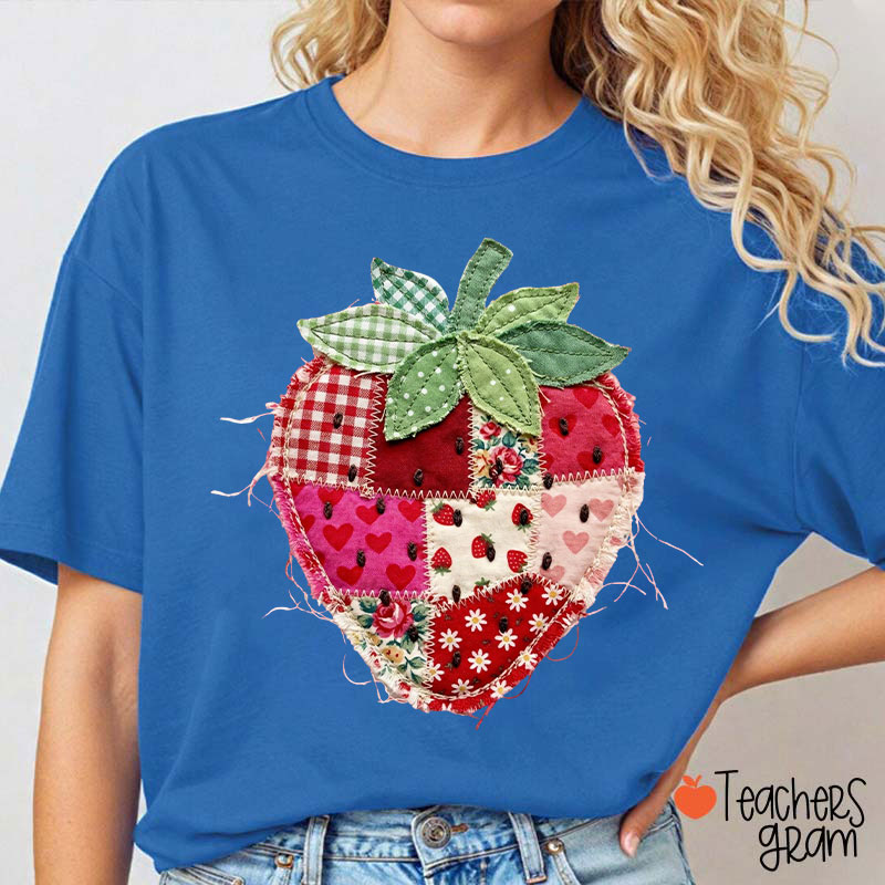 Faux Patchwork Strawberry Teacher T-Shirt